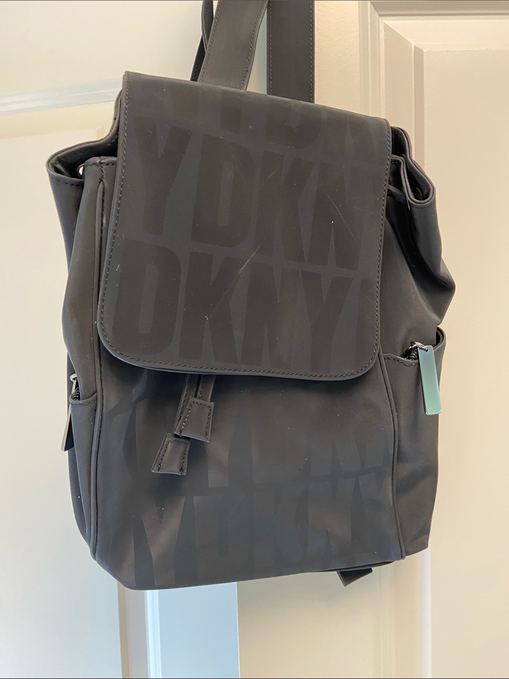 DKNY Vintage Black Logo Nylon Drawstring Backpack with Flap